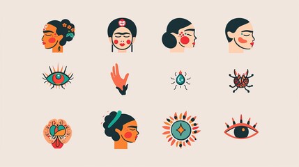 Set of colorful woman face, eye and sun illustrations for branding and social media