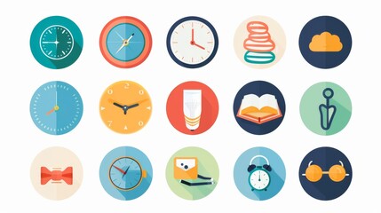 Fototapeta premium Set of cute illustrations with women sitting and meditating, plants, fruits and clock for wellbeing or design projects