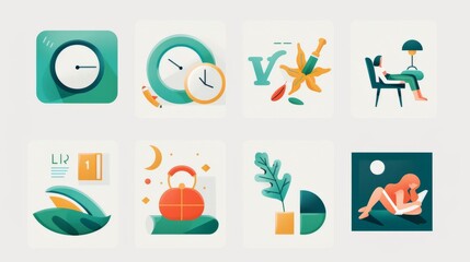 Set of cute illustrations with women sitting and meditating, plants, fruits and clock for wellbeing or design projects