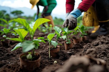 Agricultural workers planting seedlings in a farm