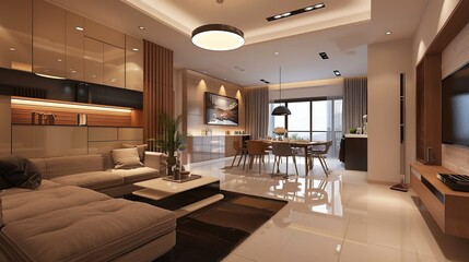 Minimalist style interior design of modern living room and dining room. Generative Ai
