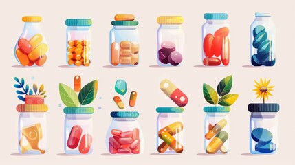 Set of natural supplement bottles for healthcare and wellness design