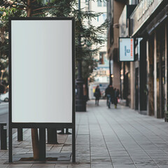 A blank empty canvas poster screen board hanging on a pavement at the city center. 