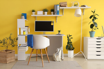Interior of teenager's room with workplace, plants and shelves