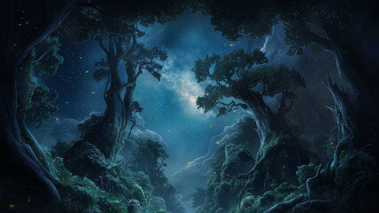 **** A mystical, moonlit forest scene with towering, ancient trees forming a natural archway. The sky is adorned with countless stars and a bright, nebula-like formation. Ethereal light filters t...