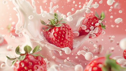 A few strawberries falling into the milk, splashing white liquid with dynamic motion and vibrant red colors.