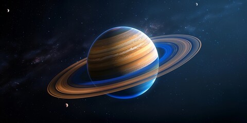 Fototapeta premium Realistic 3D depiction of the planet Saturn with blue rings, set against a star-filled cosmic backdrop.