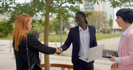 Long-awaited meeting of adult women and man. Handshake with african american man, introduction. Concept of reunion, happiness, new connections. Handheld camera shaking. 