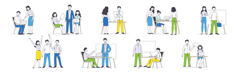 Successful Team with Man and Woman Office Employee Working Together Vector Illustration Set