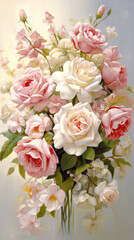 Pastel Roses in Bloom, A vibrant painting of pink and white roses in full bloom.