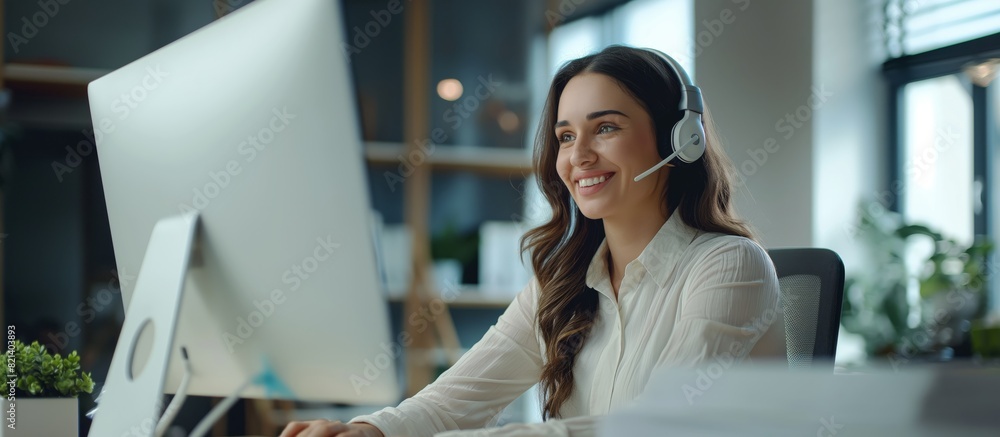 Poster In an office, a woman in customer service uses a desktop computer and headset, smiling professionally while supporting clients. The workplace is modern and communication is efficient