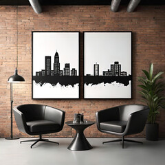 Naklejka premium Stylish brick wall with subtle texture and modern appeal, large frames hanging on the wall behind the sofa,
