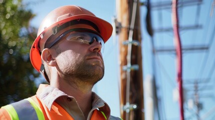 Engineer wearing a hard hat while inspecting signal transmission poles, ensuring safety and functionality.