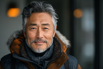 Fototapeta premium Grey-haired asian man with beard in jacket, portrait for marketing campaign