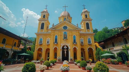 Fototapeta premium The vibrant yellow facade of the historical church building with twin towers and a central dome adorned with religious imagery, surrounded by beautifully maintained gardens and vibrant flowers