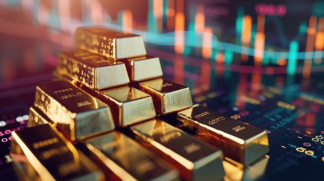 Gold bullion bars stacked against a backdrop of fluctuating financial charts, representing economic stability.