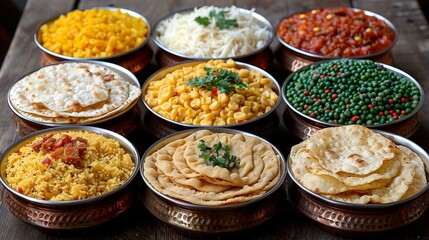 A colorful assortment of traditional Indian dishes beautifully presented in small bowls, showcasing a variety of ingredients and rich cultural culinary heritage