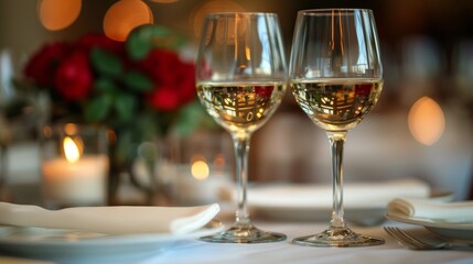 Two elegant wine glasses filled with white wine on a beautifully set dinner table with a romantic ambiance and a backdrop of red roses and candlelight