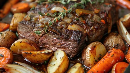 hearty beef pot roast surrounded by roasted potatoes, carrots, and onions.