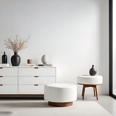 small round ottoman in front of a modern white chest of drawers in a minimalist Japanese style room, stylish interior design, modern room furniture,