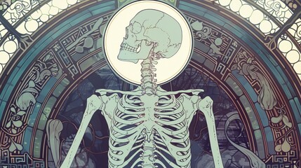 Skeleton in a green and gold geometric pattern for halloween or gothic design
