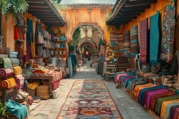 A colorful market bustling with locals selling vibrant textiles, spices, and handicrafts unique to the region. Concept of cultural immersion and sensory exploration. Generative Ai.