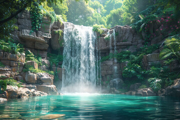 A towering waterfall cascading down a verdant cliff face into a tranquil pool below, creating a mesmerizing natural spectacle. Concept of tropical wilderness and awe-inspiring beauty. Generative Ai.