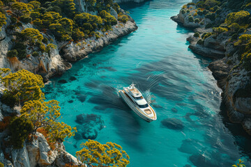 A luxury yacht cruising along a picturesque coastline dotted with secluded coves and pristine beaches. Concept of exclusive travel and coastal exploration. Generative Ai.