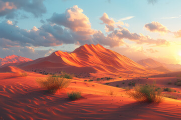 A surreal desert landscape bathed in golden sunlight, with towering sand dunes stretching as far as the eye can see. Concept of desert adventure and tranquility. Generative Ai.