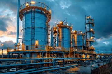 Obraz premium Industrial refinery plant at sunset with dramatic sky