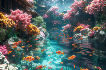 A vibrant underwater coral garden alive with a kaleidoscope of tropical fish and marine creatures. Concept of underwater exploration and marine biodiversity. Generative Ai.