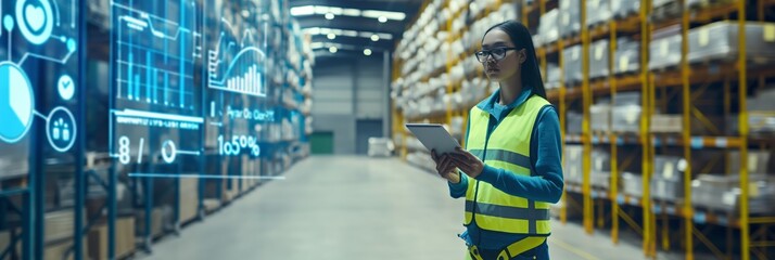 A female warehouse worker using a tablet to analyze data is improving inventory efficiency. The digital interface enhances modern warehouse operations for logistics and supply chain management
