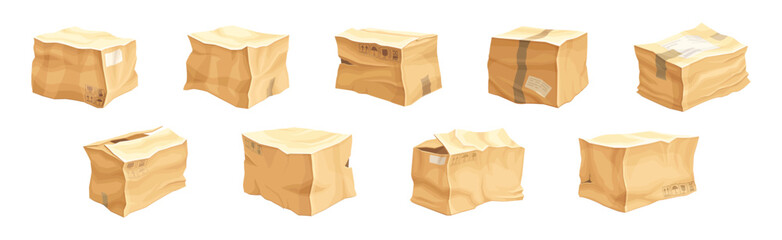 Crumpled Cardboard Box with Corrugated Sides as Packaging and Shipping Container Vector Set