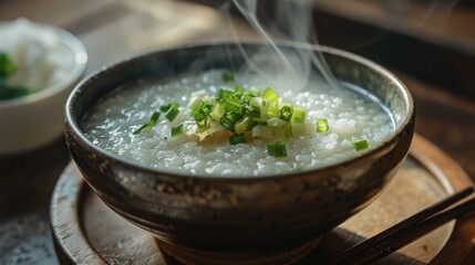 High-angle view of a bowl of steaming congee, a comforting and nourishing breakfast option.