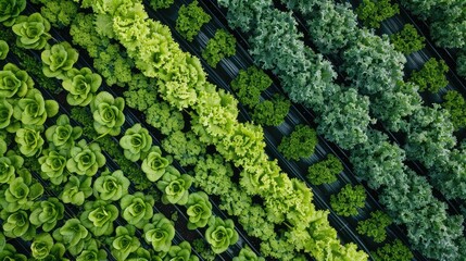High-angle view of a hydroponic lettuce farm, showcasing innovative agriculture techniques for salad production from above.