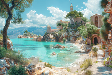 A sun-drenched Mediterranean coastline dotted with charming fishing villages and ancient ruins. Concept of coastal exploration and historical discovery. Generative Ai.