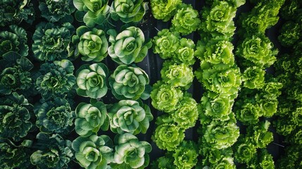 High-angle view of a hydroponic lettuce farm, showcasing innovative agriculture techniques for salad production from above.