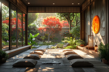 A traditional Japanese ryokan with minimalist design and tranquil gardens, providing an authentic cultural retreat. Concept of Japanese hospitality and serenity. Generative Ai.