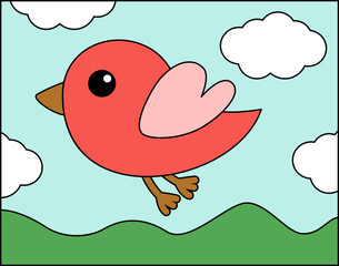 Red bird is flying in the sky. Childish illustration. Cartoon, vector.