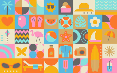 Summer sale background with floating ring, sunglasses, sea starfish, ball, beach slippers, parasol, palm, ice cream, sun. Banner, poster, flyer. Vector illustration. Geometric style