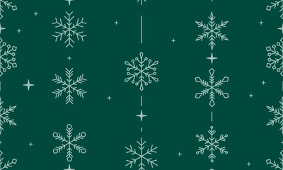 Seamless pattern Christmas design with snowflake border vector illustration. Holiday green background with falling snow for Christmas and New Year banners