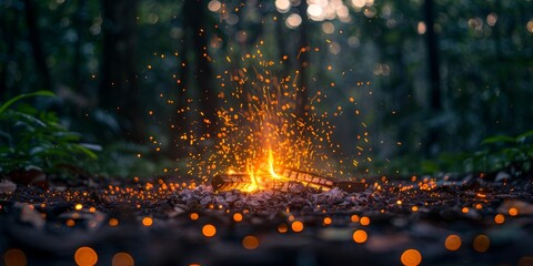 A mesmerizing campfire surrounded by glowing embers in a serene forest setting, capturing the essence of nature and tranquility under the night sky