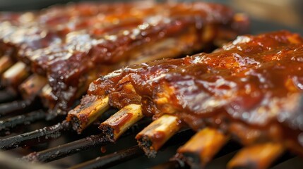 Mouthwatering barbecue ribs glazed with a sticky, sweet sauce, ready to be devoured.