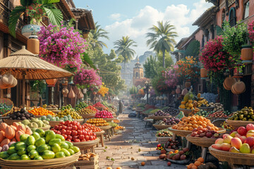 A vibrant street market filled with exotic fruits, spices, and street food stalls offering tantalizing flavors. Concept of culinary exploration and gastronomic adventure. Generative Ai.