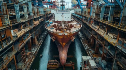Shipyard scene with large ship and cranes in background industrial travel and business port city views