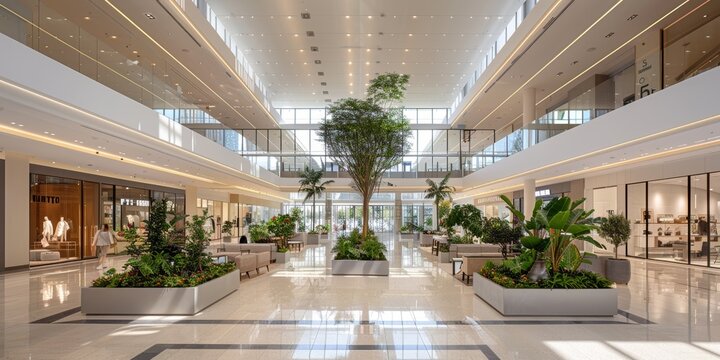 Modern shopping mall with spacious open layout, abundant natural light, and green indoor landscaping creating a serene and inviting environment for visitors