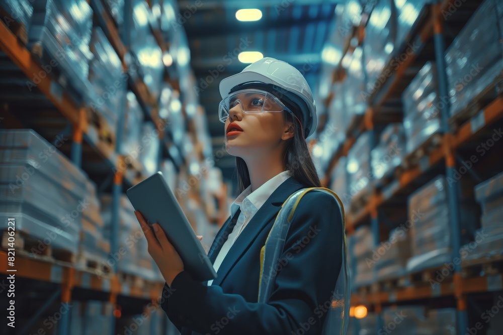 Poster A female engineer in safety gear uses a tablet in a warehouse for inventory optimization, improving logistics efficiency and quality control. Technology and organized workflow enhance operations
