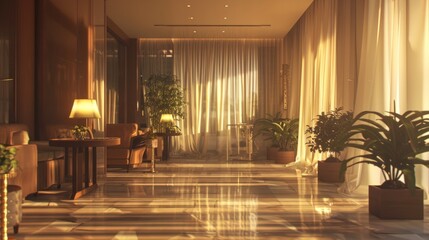 room with soft, diffuse lighting, warm light lamps or natural light filtered through translucent curtains generative ai