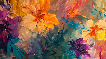 An abstract oil painting technique in which leaves, flowers, and the future are painted on paper.