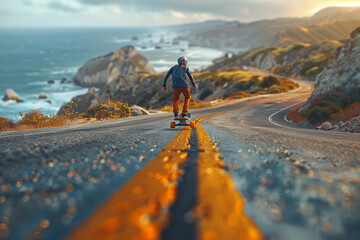A person riding a skateboard down a winding hillside road, enjoying the freedom of alternative transportation. Concept of recreational mobility and outdoor adventure. Generative Ai. - Powered by Adobe